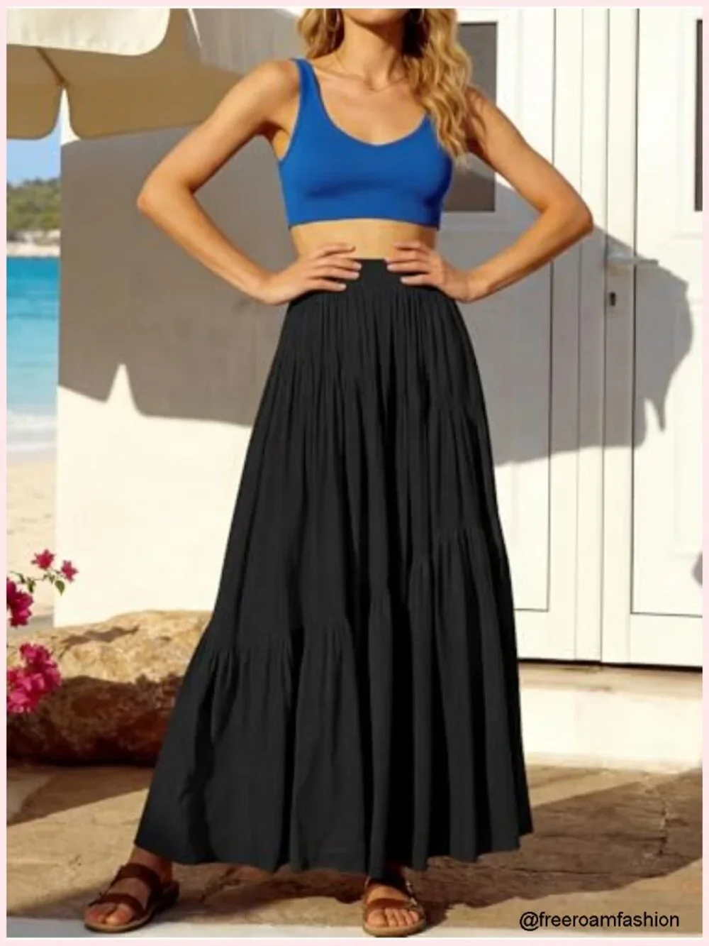 Boho High Waist Pleated A-Line Maxi Skirt with Pockets